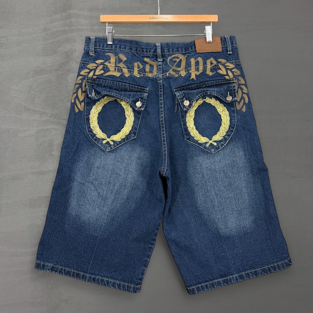 Y2K Red Ape Crazy Denim Shorts Blue Embroidered Baggy Urban Streetwear Jorts 38